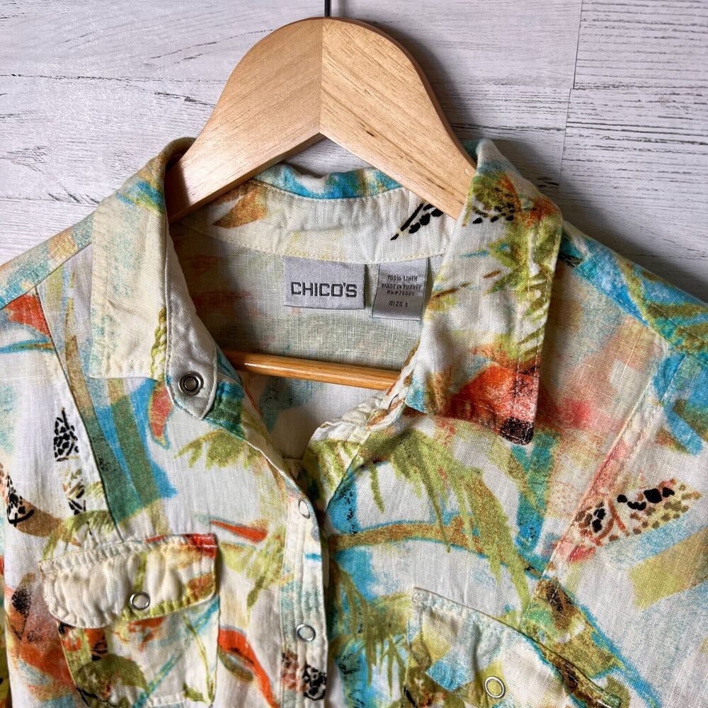 Chicos Shirt Size 1/M Tropical Paradise Print 100% Linen Snap Down Long Sleeve - Picture 12 of 16